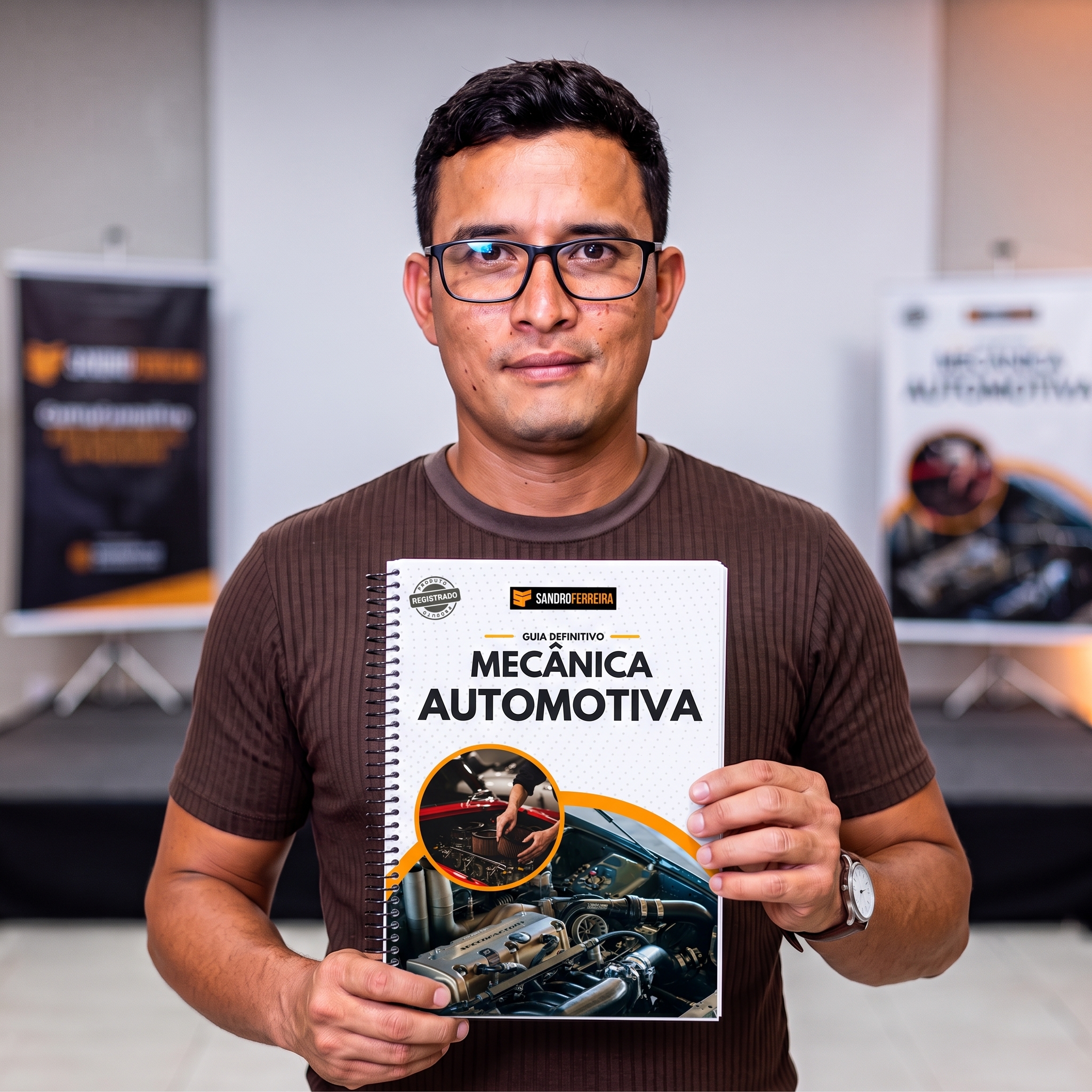 Sandro Ferreira segurando o Guia Definitivo de Mecânica Automotiva